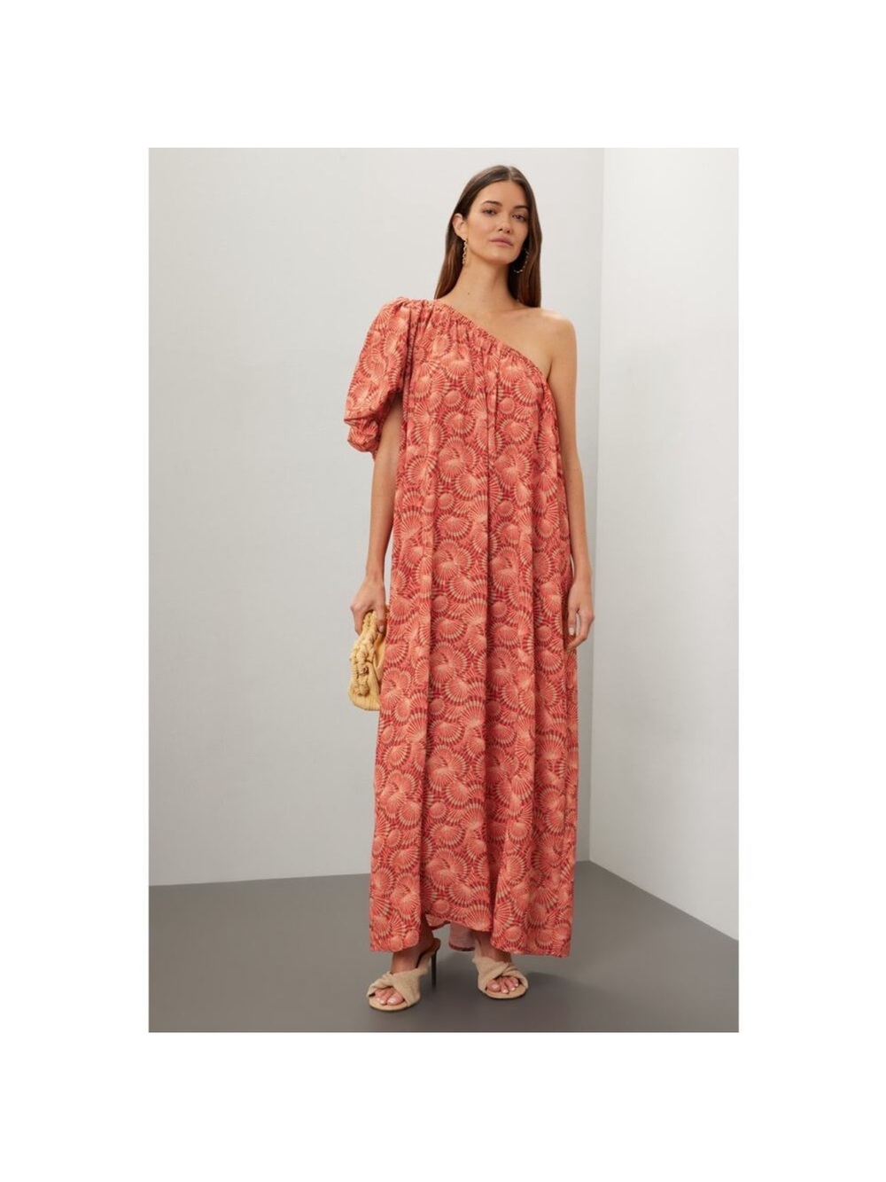 LOBOROSA Red Beige Shell Print One Shoulder Valeria Maxi Dress Size X Small